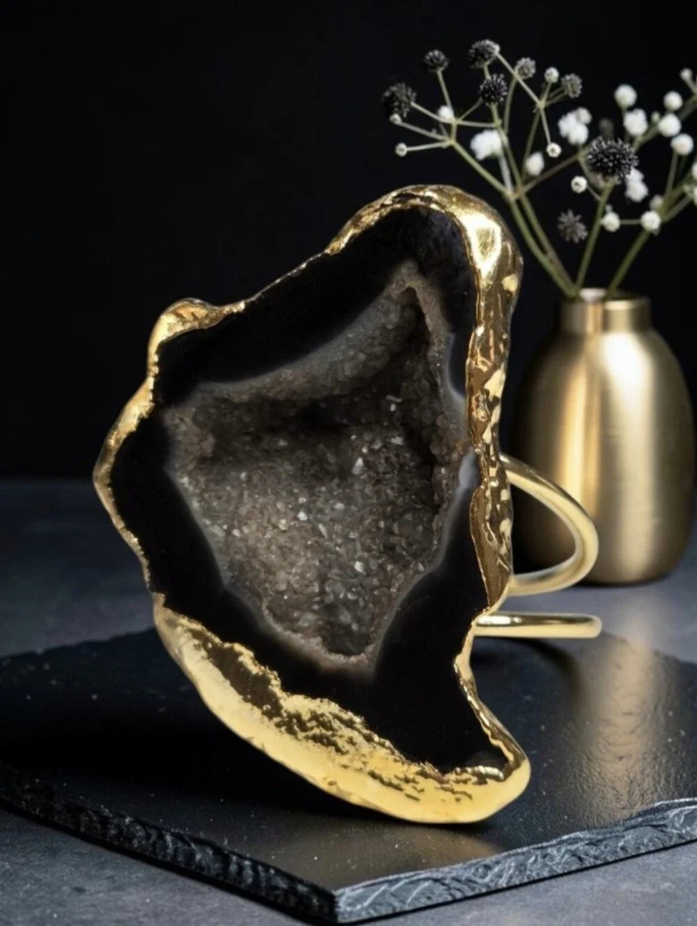 Incredible 18k Gold Plated Onyx Sugar Geode Druzy Agate Statement Ring